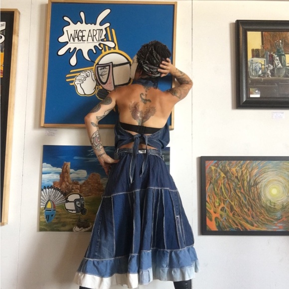 Denim Maxi twirl skirt handmade Prints upcycled couture ooak patchwork boho - Picture 3 of 3